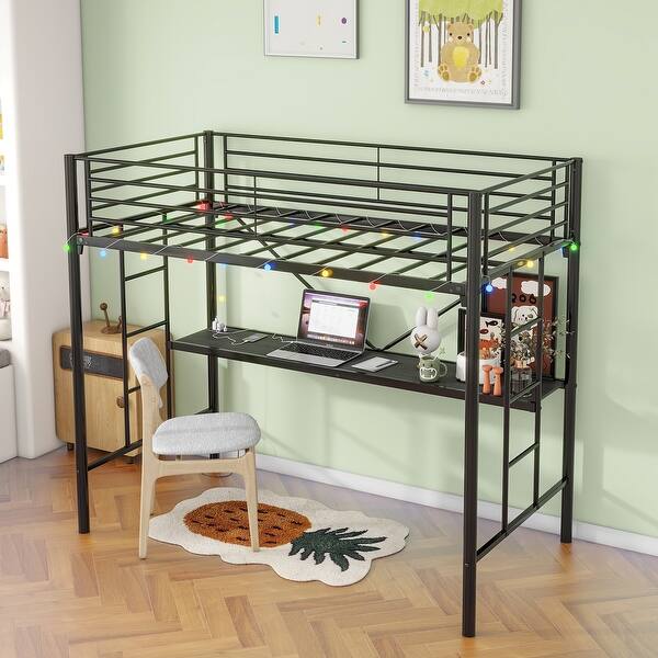 slide 2 of 14, Twin Metal Loft Bed with Power Outlet Black