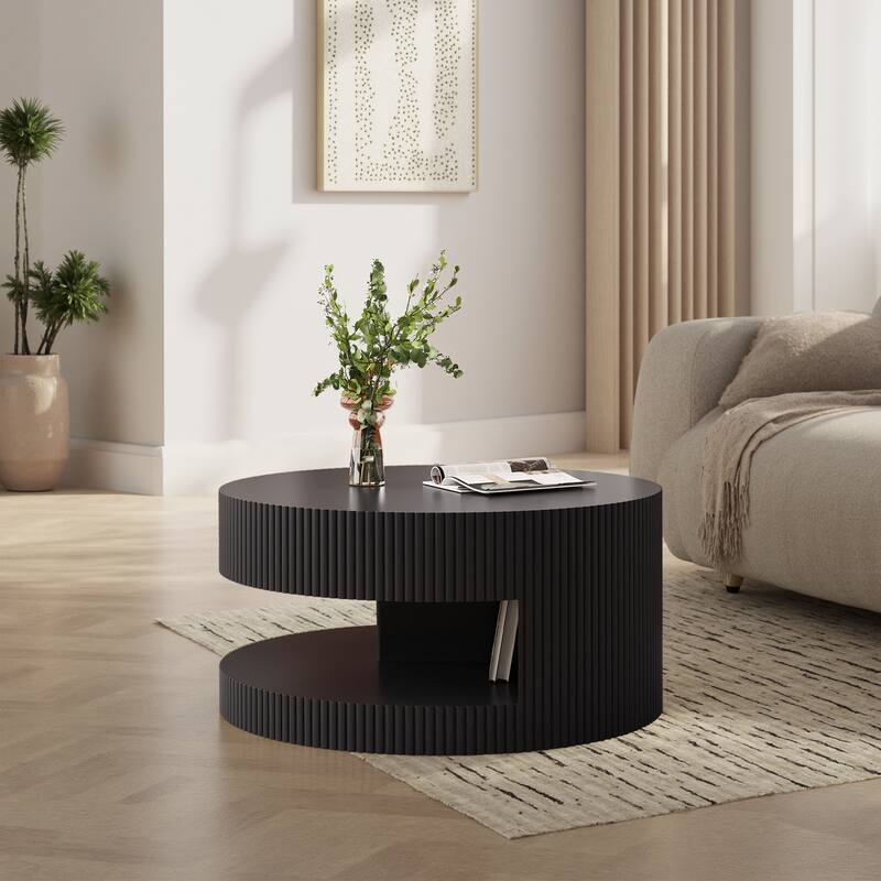 31.5" Round Coffee Table with Storage, Modern Wood Center Table with Vertical Stripe Detail for Living Room