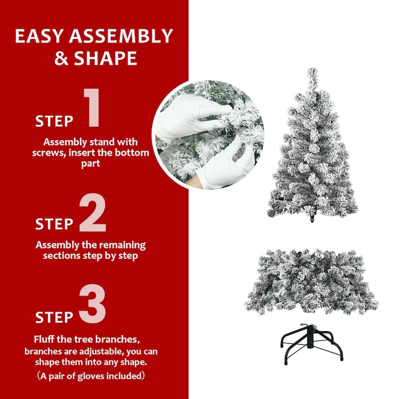 5FT Flocked Christmas Tree - Artificial Snowy Holiday Tree with 407 Tips, Full Shape PVC, Sturdy Metal Stand