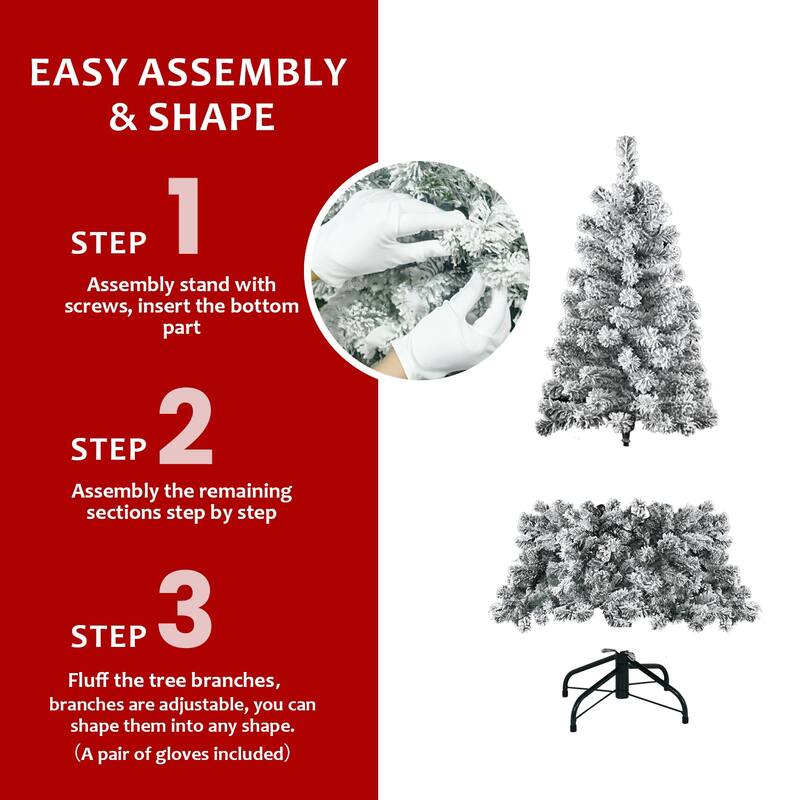 6FT Flocked Christmas Tree - Artificial Snowy Holiday Tree with 678 Tips, Full Shape PVC, Sturdy Metal Stand
