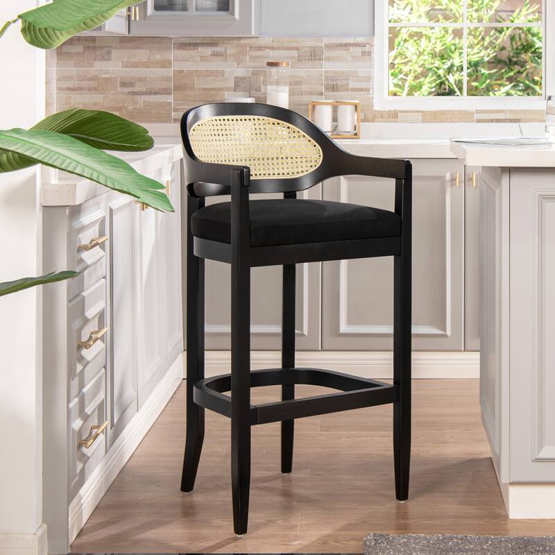 Americana Mid-Century Modern Rattan Cane Back Counter and Bar Stool - Single - Jet Black Polyester - Bar Height