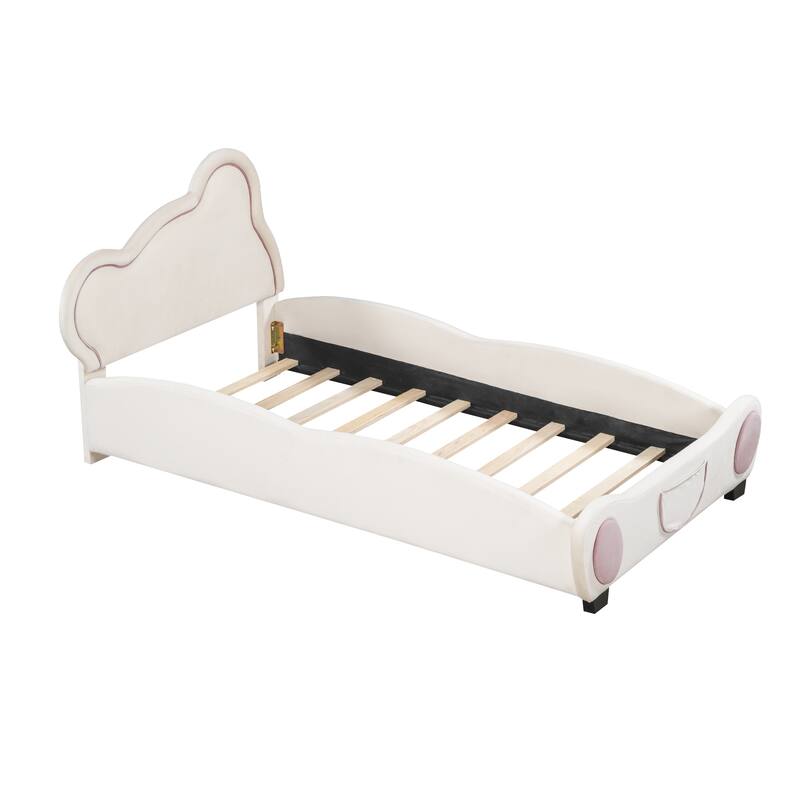 Twin Velvet Upholstered Bed with Bear Headboard and Bed-End Storage Pockets - Perfect for Kids' Rooms