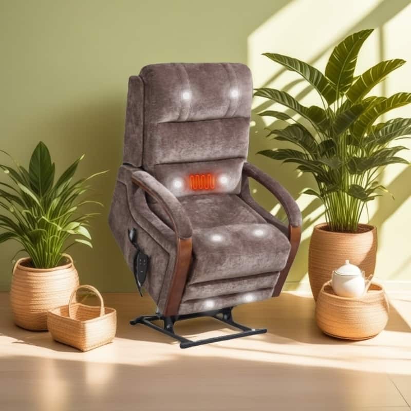 Electric Chenille Lift Recliner with Dual Motors, Infinite Recline Positions, Heat & 8-Point Massage, Solid Wood Armrests