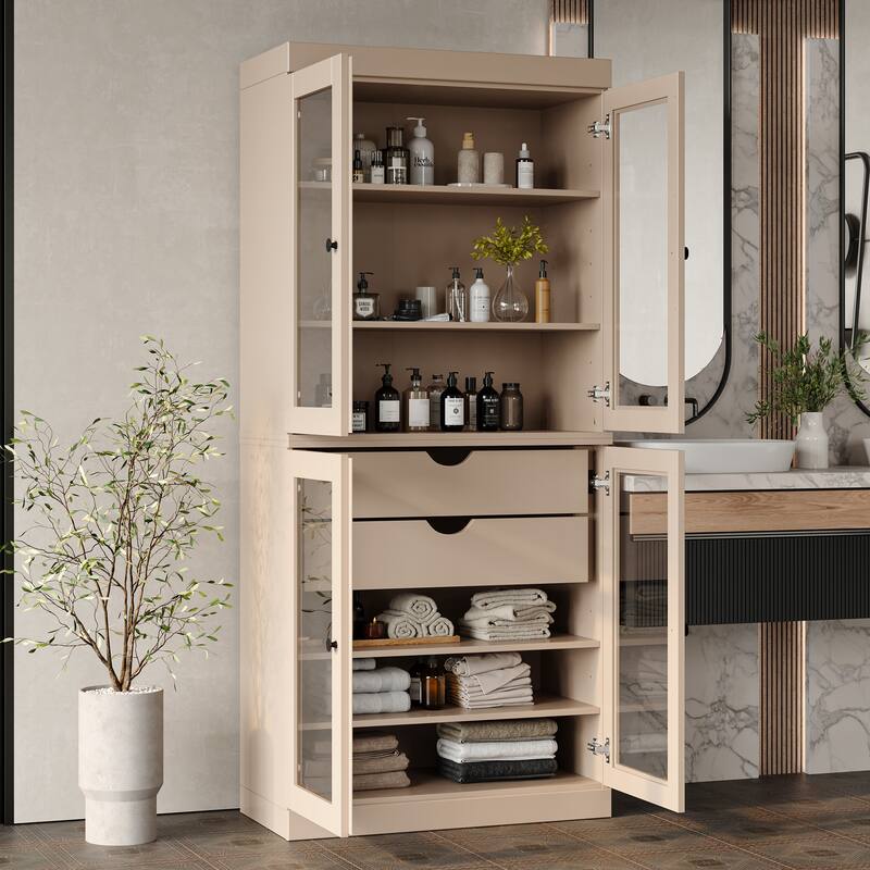 Palace Imports 100% Solid Wood Bathroom Storage Cabinet, Clear Glass Doors, 2 Drawers, Adjustable Shelves, 32" Wide, 71.5" Tall - Beige
