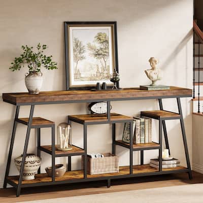 70.87-Inch Industrial Console Table for Entryway, Sofa Table with 7-Tier Storage Shelves - 13.78" D x 70.87" W x 33.46" H