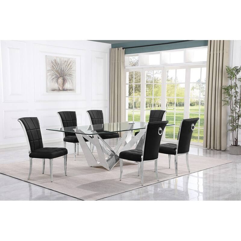 Best Quality Furniture D402/3-SC320-7 Dining Set with 94" 15mm Glass with Bevel - 7-Piece - Black / Silver