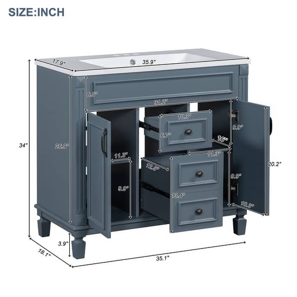 dimension image slide 0 of 4, 36" Bathroom Vanity with Top Sink, Mirror Cabinet, Modern Bathroom Storage Cabinet with 2 Soft Closing Doors and 2 Drawers