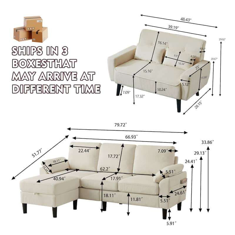3-Piece Living Room Sectional Sofa Set with Loveseat and Ottoman