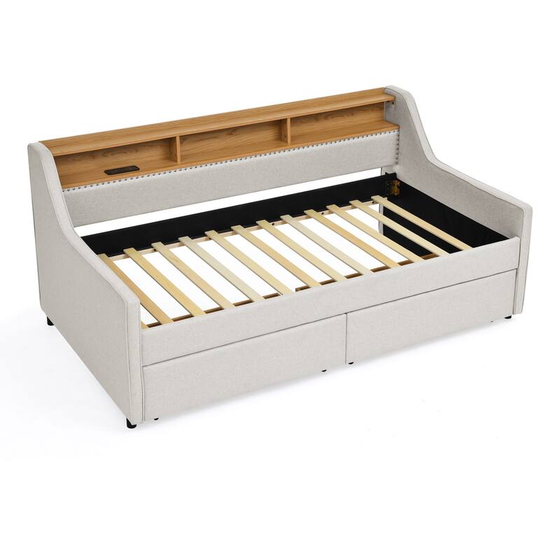 Roomfitters Twin Upholstered Sofa Bed with Adjustable Storage Headboard, Backlit Shelf and Underbed Storage Trundle