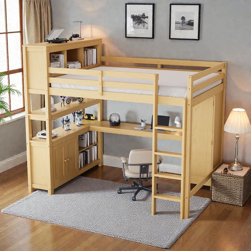 Queen Wood Loft Bed with Wardrobe, Desk & Bookshelf, Space-Saving Loft Bed with Storage Cabinet and Ladder for Kids & Teens