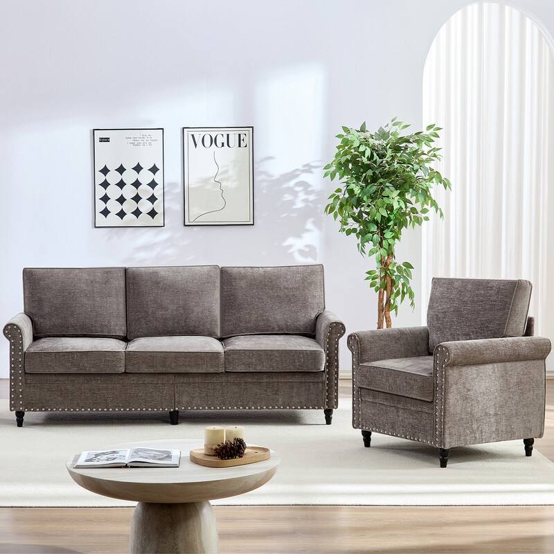 Mixoy Chenille Fabric 3-Seater Sofa Couch with Single Sofa Chair with Rivet Design,Solid Wood Gourd Legs for Living Room - 3+1