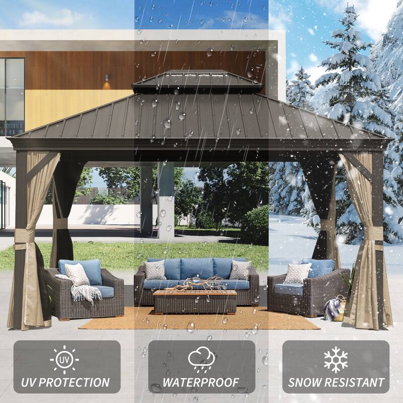 10' X 14' Hardtop Gazebo with Galvanized Steel Roof, Aluminum Frame, Curtains, and Netting for Outdoor Use