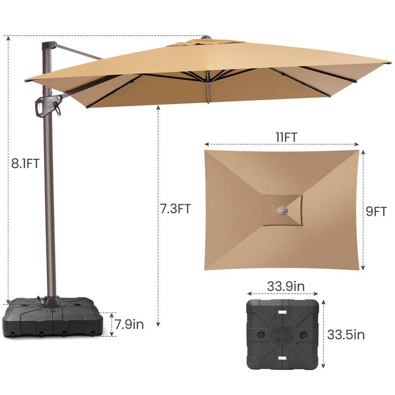 Outdoor 11 x 9 FT Patio 360 Degree Rotation Cantilever Umbrella with Base