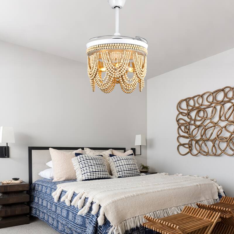 Cusp Barn 42" Retractable Ceiling Fan with Light, Farmhouse Wooden Bead Chandelier, Quiet DC Motor 6 Speeds Bohemian Ceiling Fan
