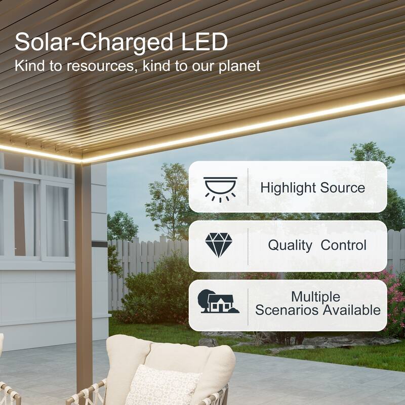 LIVOOSUN Outdoor Detachable Control Panel LED Equipped Pergola, Solar and USB Charging Options, Brown