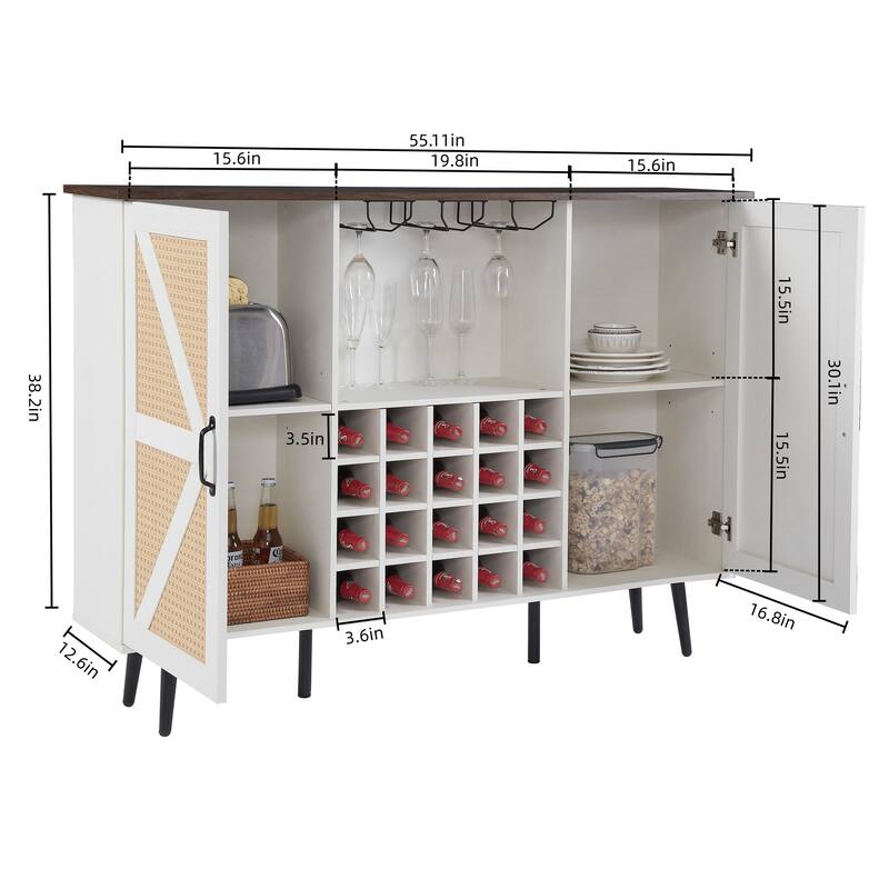 Faux Rattan Wine Bar Cabinet with Wine Rack & Wine Glass Holder, Buffet Storage Cabinet Kitchen Microwave Cabinet, White+Walnut