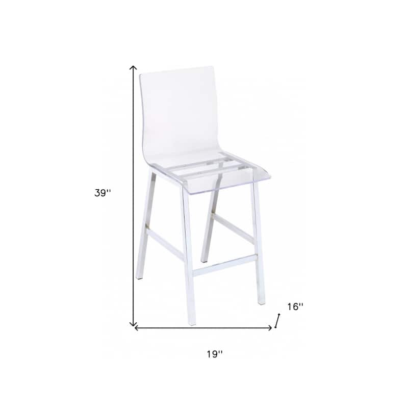 39”H Modern Clear Acrylic Counter Bar Stool with Chrome Frame Square Seat and Full Back - 39”H x 19”W x 16”D