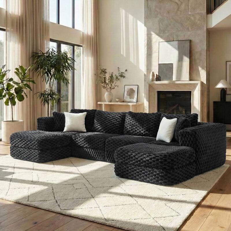 Modular Sectional Sofa with Bubble Velvet Upholstery, 2 Movable Ottomans and 4 Throw Pillows for Living Room - Black