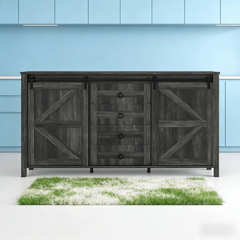 Rossetta Farmhouse Retro Classic Barn Door Design Buffet Cabinet with Sliding Doors and Adjustable Shelves - Dark Gray