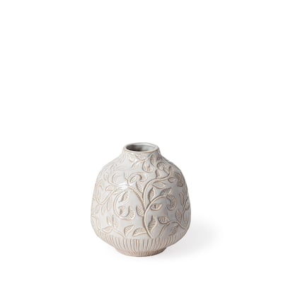 Jadiza I Small White Glaze Floral Patterned Ceramic Vase