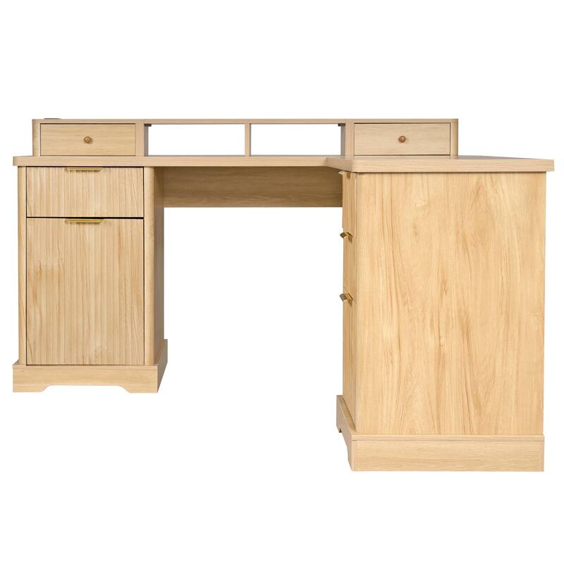 Roomfitters 59" Modern Fluted L-Shaped Desk with Charging Station, Monitor Stand & File Drawer