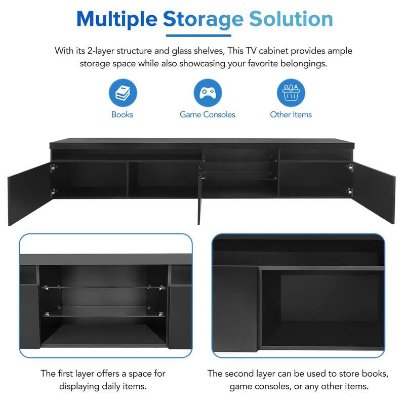 Roomfitters TV Stand, LED Media Console with Glass Shelves, Ample Storage for TVs Up to 105", Modern Black