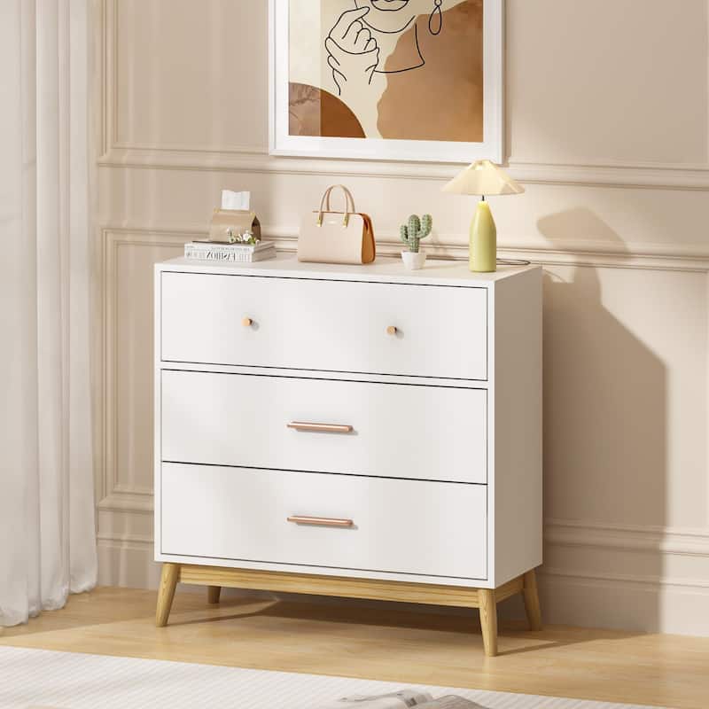 Anmytek 3 Drawer Dresser with Gold Handles Mid Century Modern White Finish Wood Legs Anti Tip for Bedroom Nursery