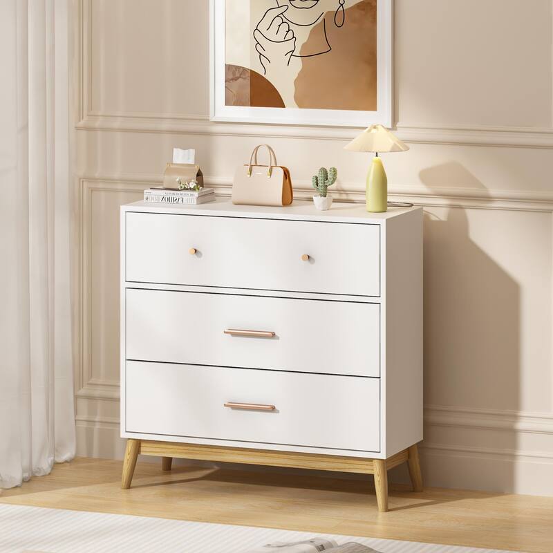 Nordic Style 3-Drawer Storage Cabinet, Modern White Chest of Drawers with Rose Gold Handles & Solid Wood Base