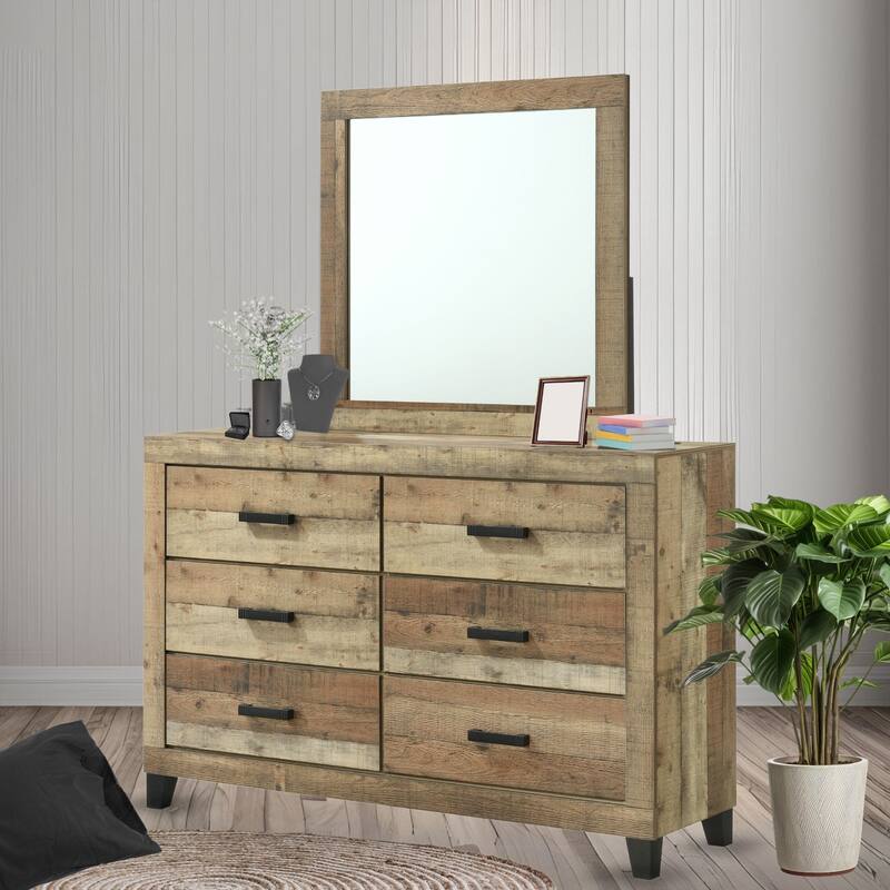 Biloxi Antique Natural Wood 6 Drawer Dresser and Mirror Set - Antique Natural