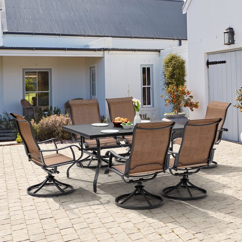 7-Piece Patio Iron Dining Set with Textilene Swivel Chairs, Brown and Black - Brown