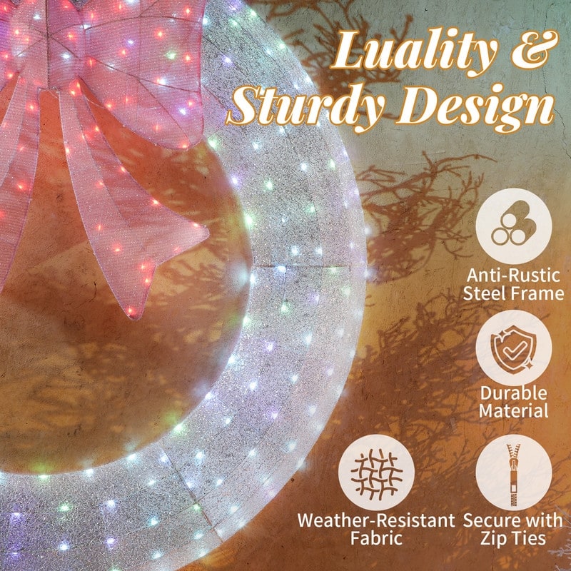 60in Pre-lit Outdoor Christmas Wreath Decoration, Lighted Metal Wreath with Pink Bow,for Front Door Gate Wall Holiday Party