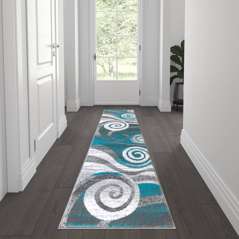 Modern Swirl Design Olefin Area Rug - 2' x 7' - Turquoise
