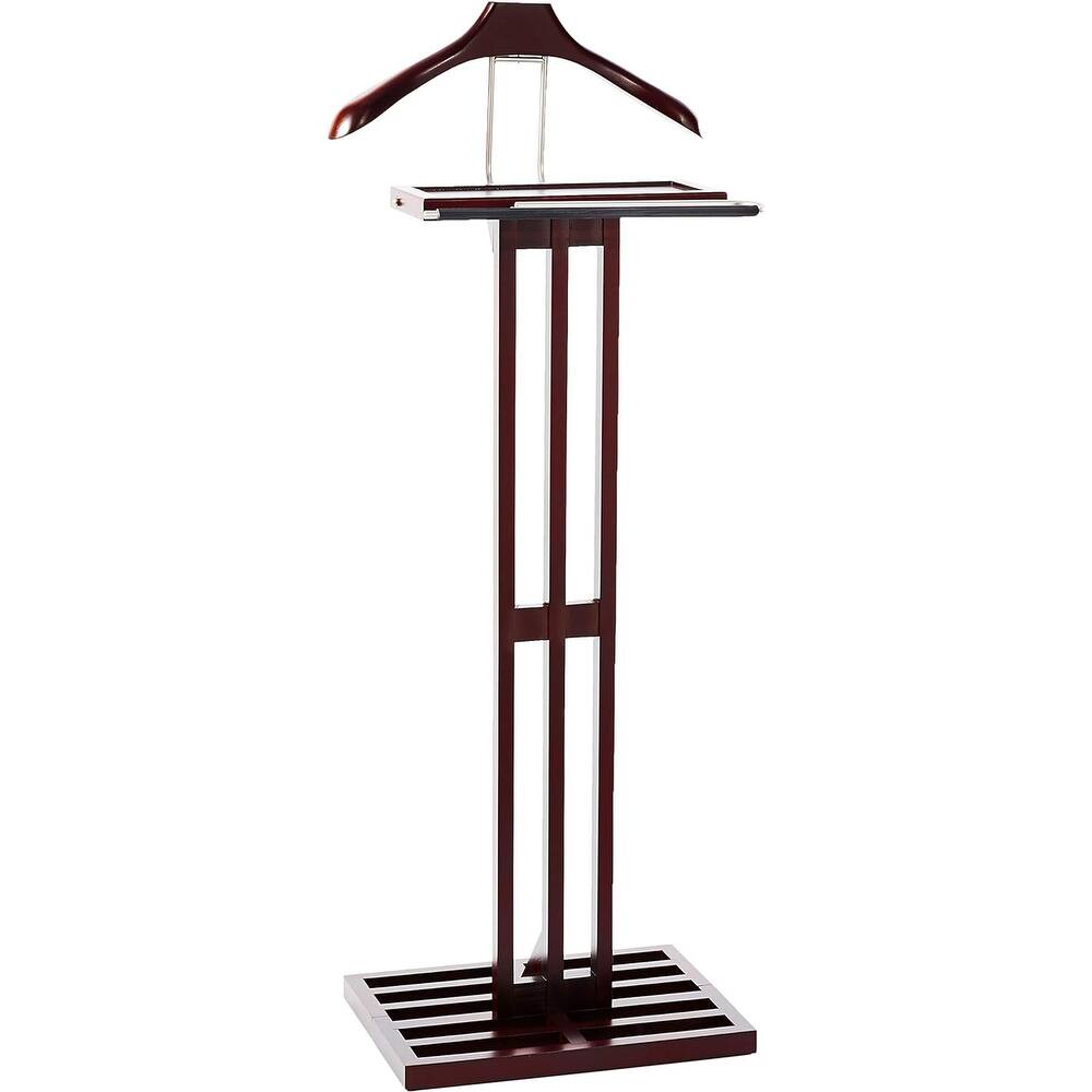 Proman Products VL16220 Freestanding Wardrobe Wooden Valet Stand Rack with Tie Hook, Hanger, Tray, Dark Mahogany