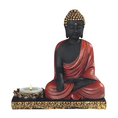 Q-Max 5.5"W Gautama Buddha Earth Touching Candle Holder in Black and Gold Statue Decoration Figurine