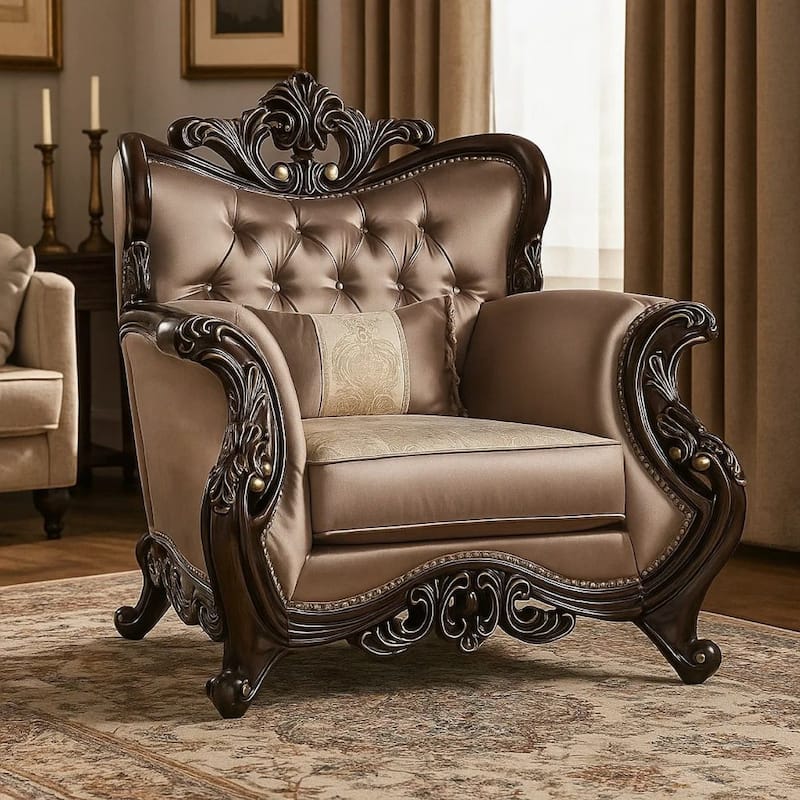 Aboi Armchair w Pillow, Brown Velvet, Ornate Carved Dark Cherry Wood