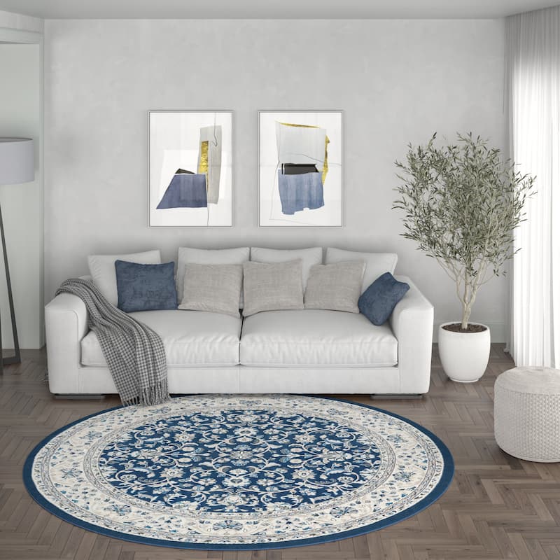 Carrington Traditional Border Indoor Area Rug - 7'10'' Round - Dark Blue