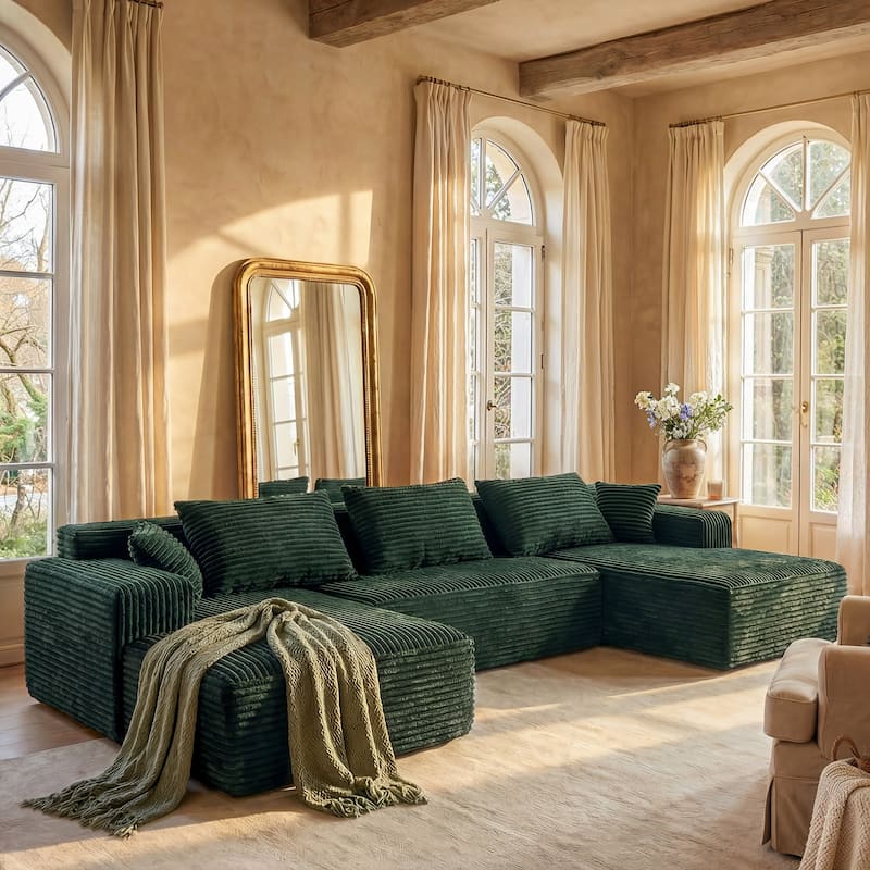 Oversized Modular Sectional Sofa, No Assembly Required, Corduroy Fabric, Deep Seat Cloud Couch with Chaise Foam Sofa - Green