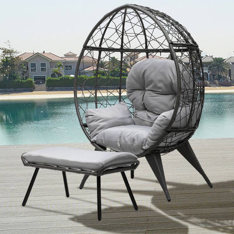 Egg Chair with Stand Outdoor Egg Lounge Chair with Cushion - Grey