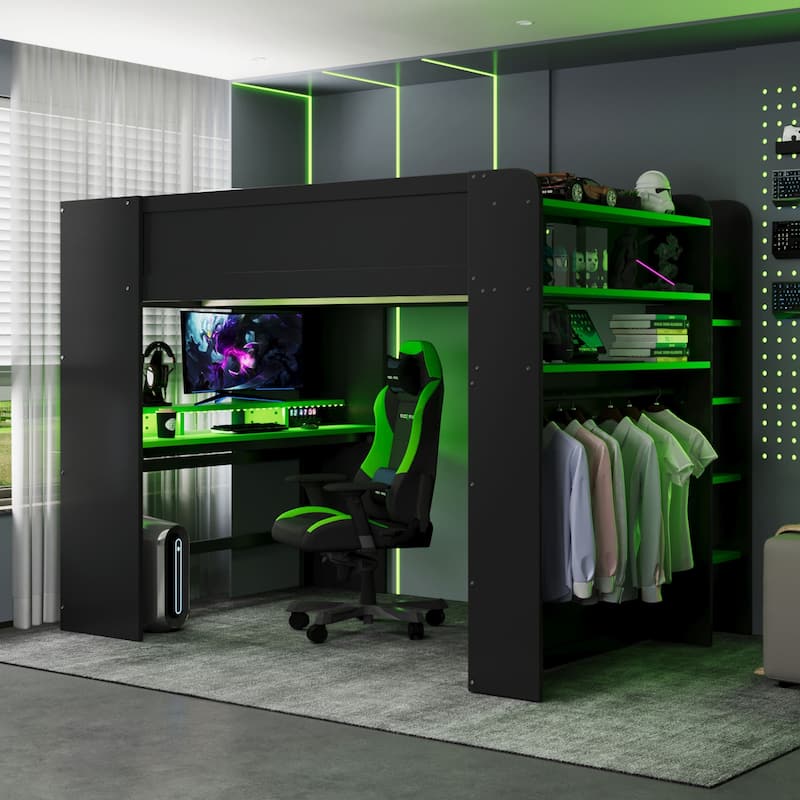 Full Size Wood Bunk Bed with Adjustable Desk, Wardrobe, Storage, and RGB Light in Green - Green