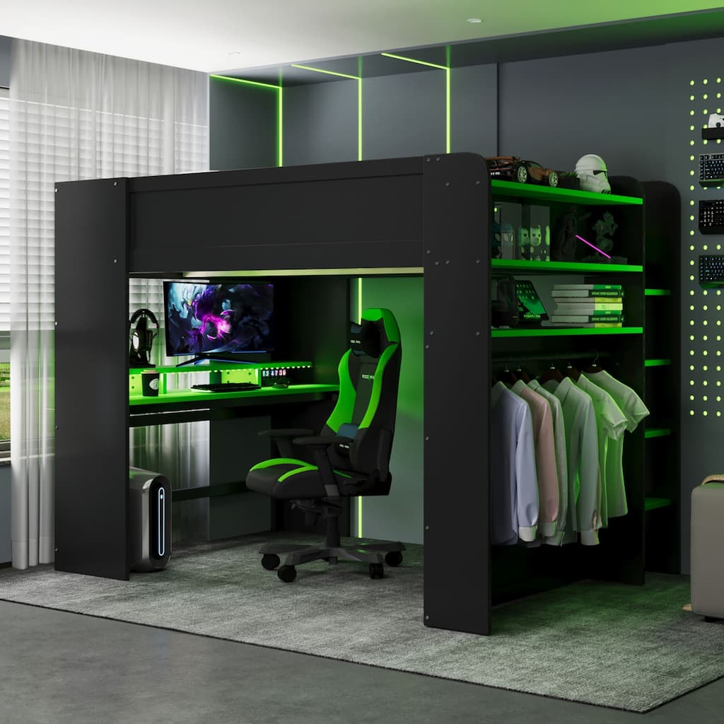 Full Size Wood Bunk Bed with Adjustable Desk, Wardrobe, Storage, and RGB Light in Green