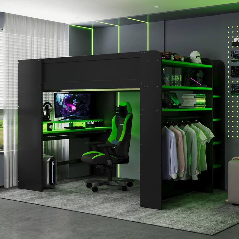 Next-Gen Gamer's Full Size Loft Bed with Adjustable Desk, RGB Lighting, Charging Ports and Storage Space