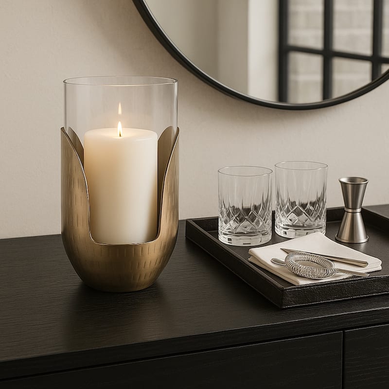 Decorative Glass Hurricane Candle Holder with Metal Base - Gold & Clear