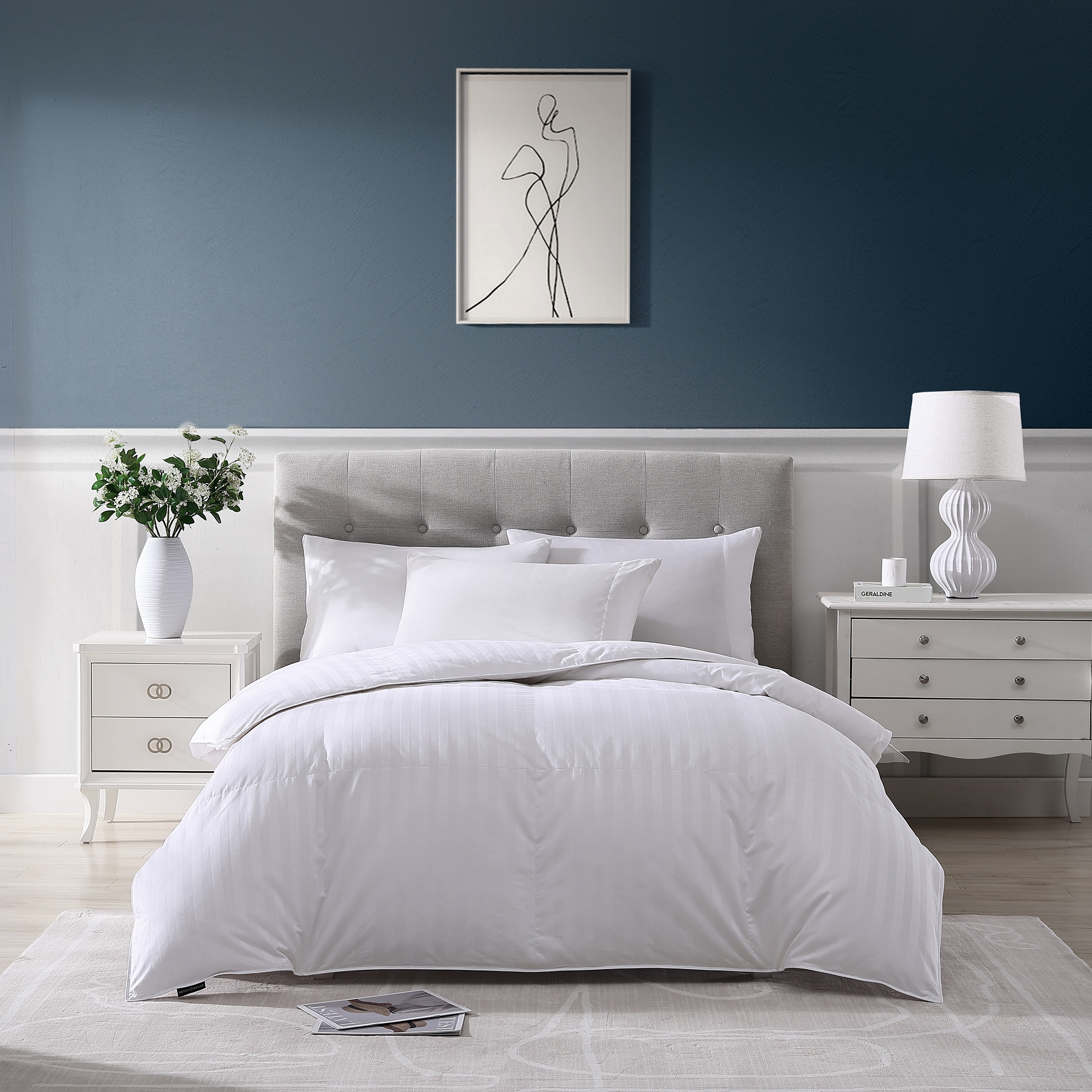 Hotel Grand Oversized Damask Stripe White Down Comforter