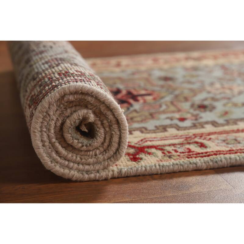 Hand Knotted Oriental 100% Wool Carpet Traditional Geometric Navy Blue & Blues Heriz (serapi) Runner Rug - 8' 1'' X 2' 5''