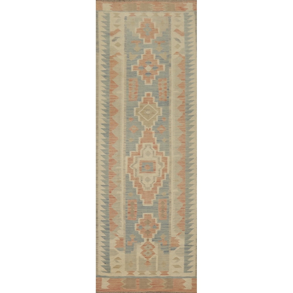 Hand Woven Oriental 100% Wool Carpet Southwestern Tribal Multi-Colored Kilim Runner Rug - 9' 7'' X 2' 9''