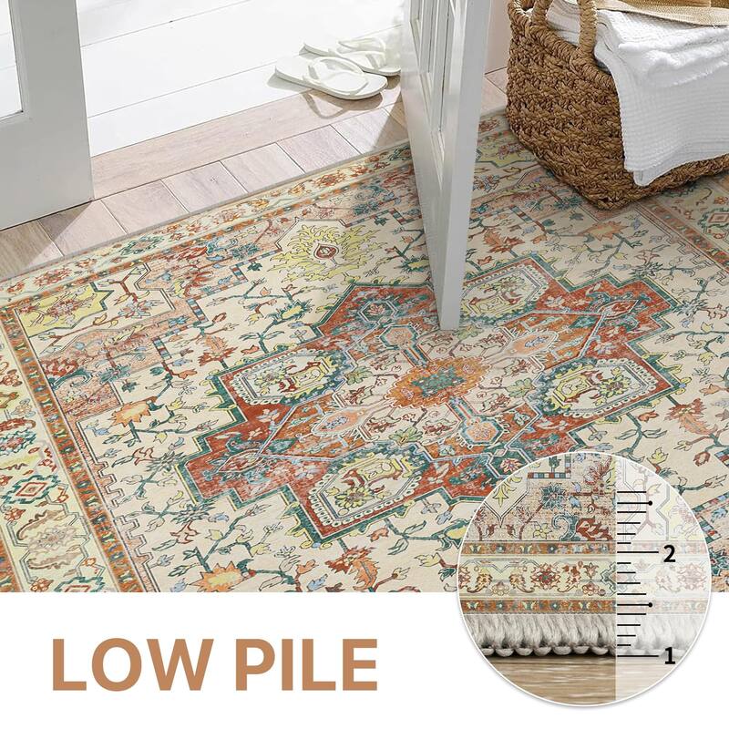 Mcow Neutral Floral Low Pile Machine Washable Non-Slip Area Rug - 8'X10'