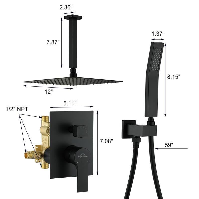 2.5 GPM 12 in. Ceiling Mount Dual Shower Heads with Pressure Balance Valve