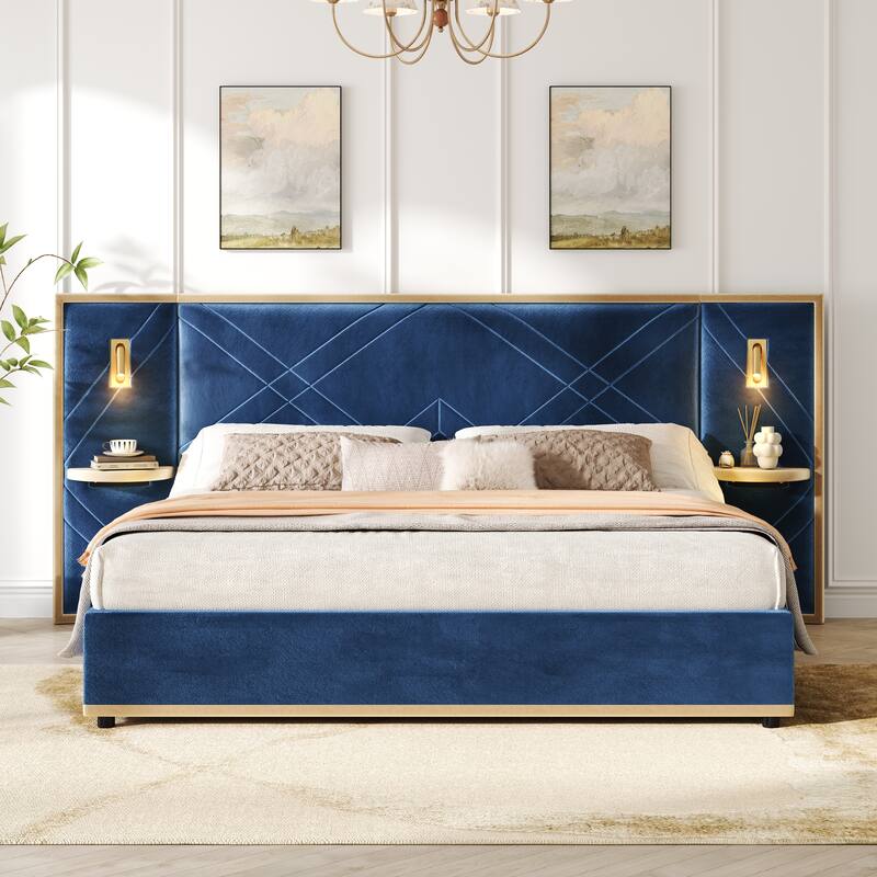 Christopher Knight Home - Voss Velvet Upholstered Bed with 2 Built-in LED Lights and 2 Storage Side Panels