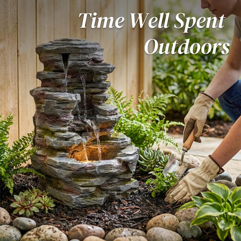Outdoor Four-Tier Rock Fountain with LED Lighting and Natural Rock Design