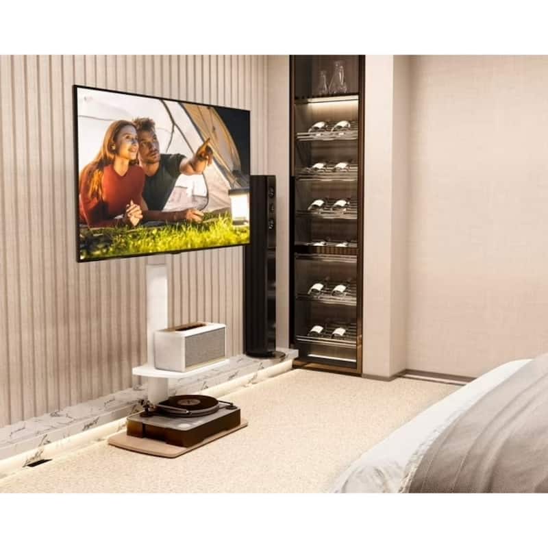FITUEYES Sturdy Wood Bas Floor Stand TV Mount for 32-70 inch TVs with One Shelf - White